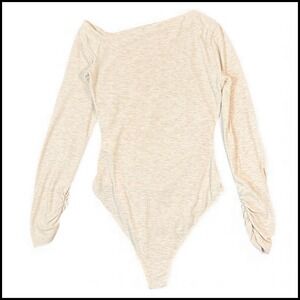 Zara Ruched Off‎ Shoulder Long Sleeve Bodysuit Large Beige Asymmetric Minimalist
